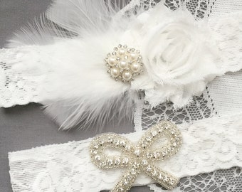 Wedding Garter Set Bridal Garter Set White Feather Lace Garter Set Ribbon Bow Rhinestone Bow Crystal Pearl Garter GR172LX