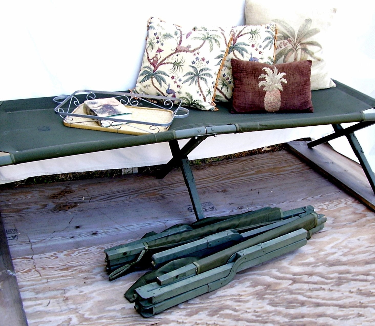 Vintage Canvas Cot, 1960s Military Army Cot, Camping Day Bed, Olive