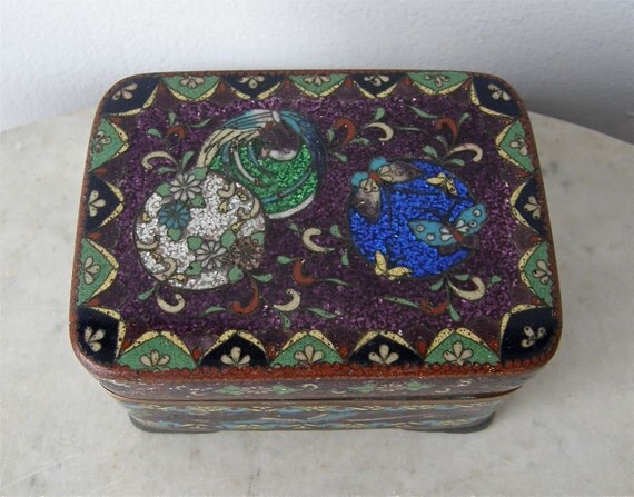 JAPANESE CLOISONNE BOX Glowing Colors Purple Cobalt Green over Copper ...