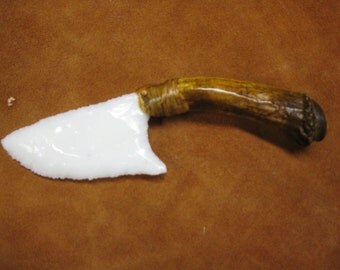Knife blade, white carrere glass, deer antler handle
