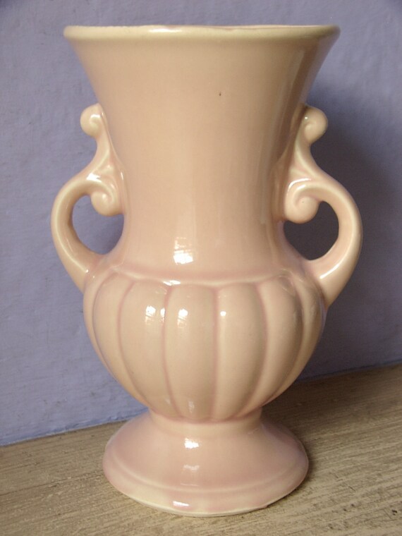 Antique USA Pottery Vase, Double handle vase, Pink ceramic vase, Hand