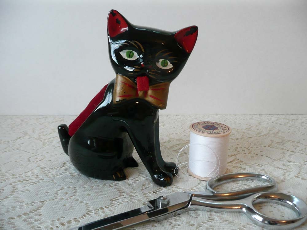 Darling Vintage Black Cat Pin Cushion With Measuring Tape