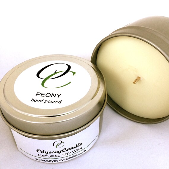 PEONY//Highly Scented SOY CANDLE 6oz Tin by OdysseyCandle on Etsy