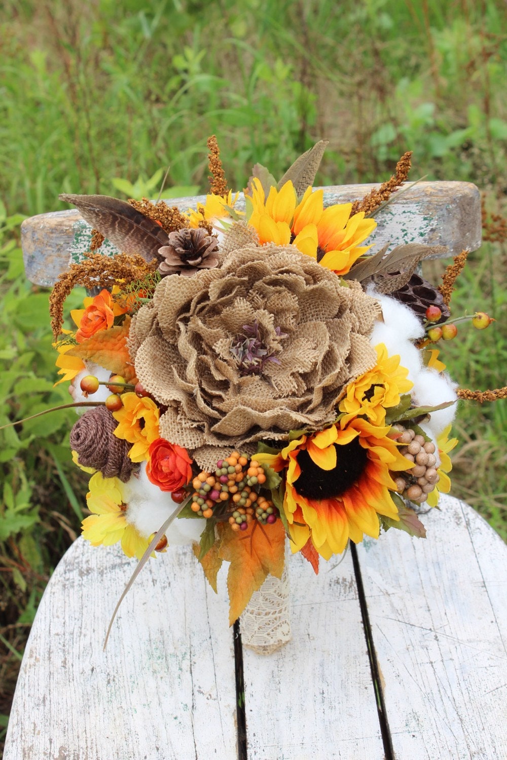 Rustic Fall Wedding Bouquet with Sunflowers Burlap Flowers