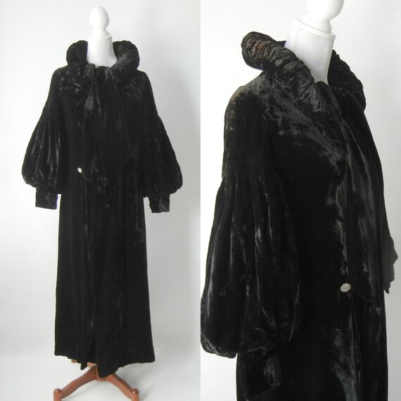 Black Opera Coat Antique Coat 1920s Silk Coat Velvet Long