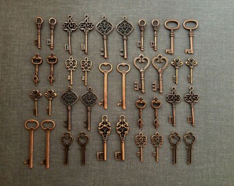 Antique Copper Keys 36 Vintage Keys Antique Keys Copper Skeleton Key Charms Skeleton Key Pendants Set Replica Key Set - Keys to the Kingdom