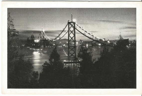 Small Black and White Photograph of San Francisco - Oakland Bay Bridge 1940s by Piggott Photo Vintage Postcard Night Scene