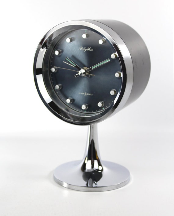 Japanese 1970's Rhythm Chrome / Grey Pedestal Alarm Clock