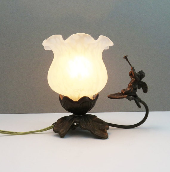 Small antiquebronze cherub tulip glass lamp Bronze angel
