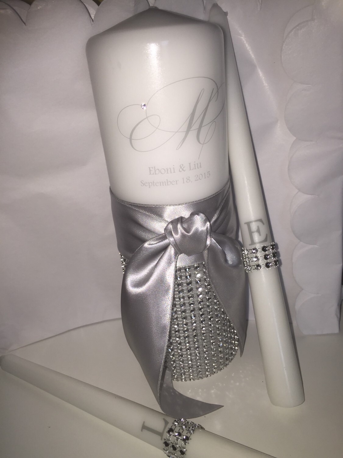 Couture Bling Satin Unity Candles Set WITH WORDING