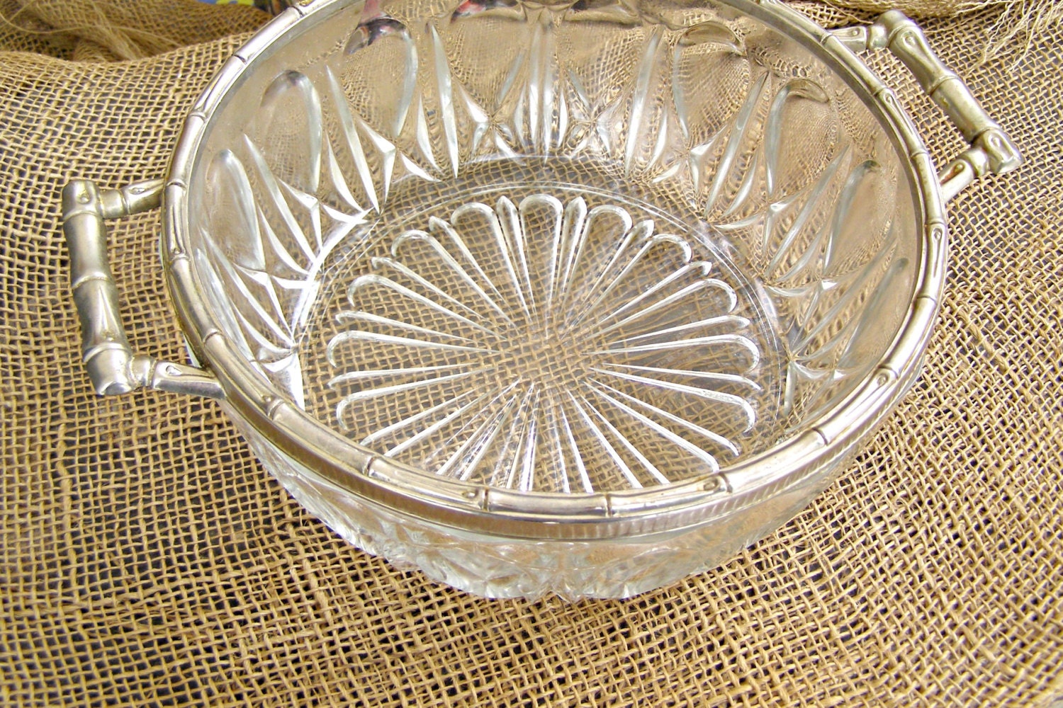 Cut Glass Handled Serving Salad Bowl Silver Plated Rim Vintage Holiday Table Centerpiece Mid 6440