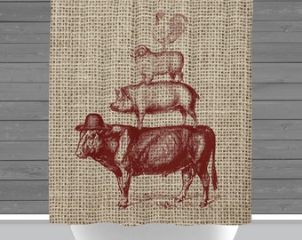Shower Curtain - Farmhouse Rustic Farm Animals Red Americana | 71x74" High Quality Fabric | Matching Bath Decor at Checkout