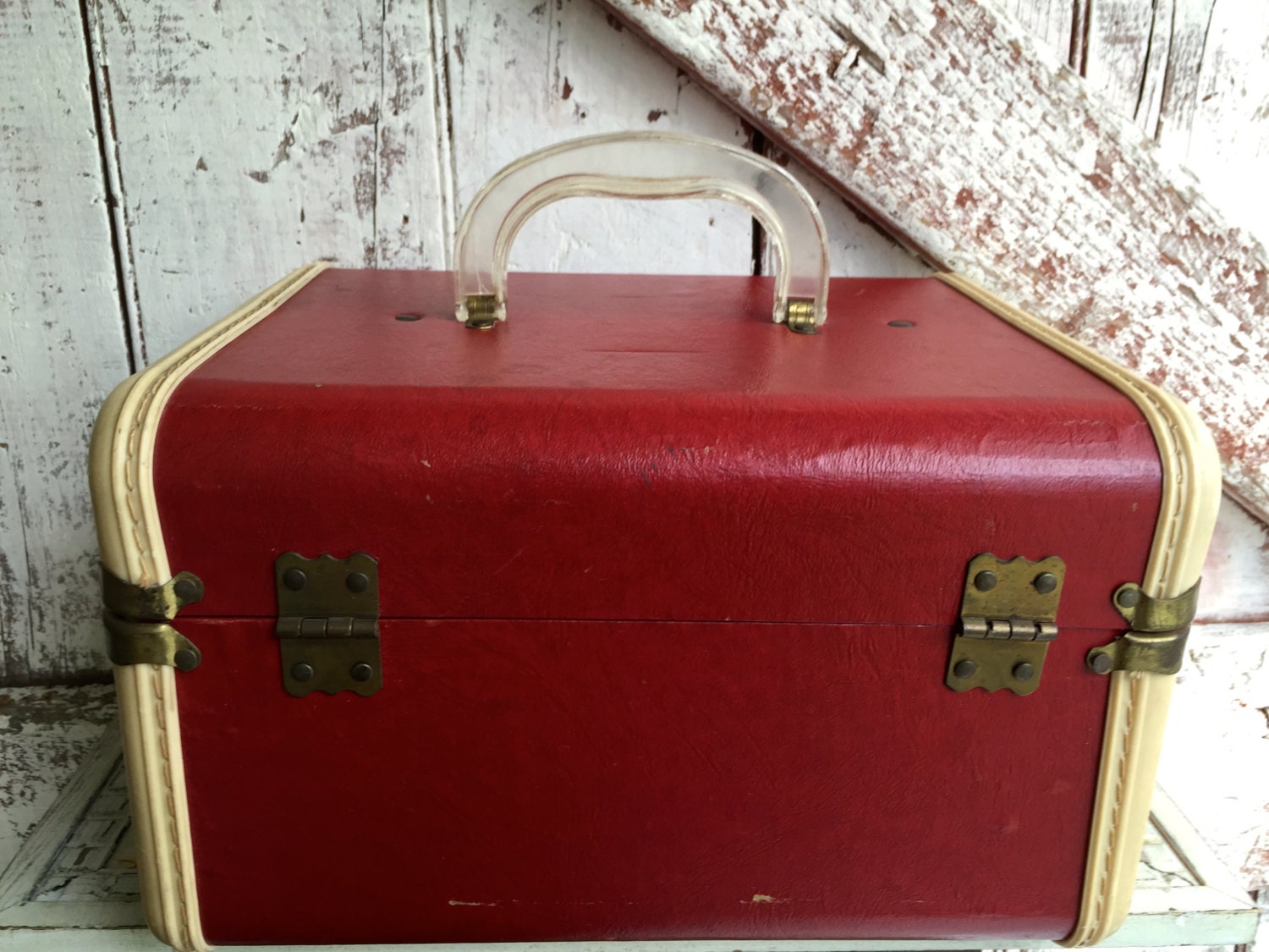 Vintage Train case hand luggage red and white hard shell case