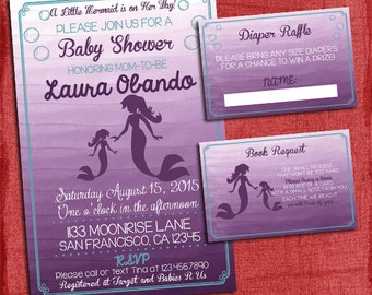 Mermaid Baby Shower Invitation Set -Invite + Diaper Raffle Ticket + Book Request - Watercolor Style - I design you print