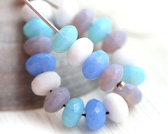 Pastel beads mix, Czech glass - Blue, Pink, White, Sky blue beads, fire polished spacers, rondels, gemstone cut - 4x7mm - 25Pc - 2222