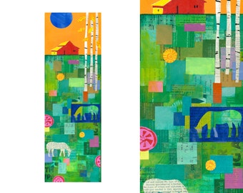 red barn with birch trees, original 8x24 painting, original collage, horse art, field with flowers, by Elizabeth Rosen