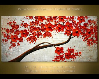 Oil painting on canvas Ready to hang ORIGINAL Abstract Red Blooming Tree Heavy Palette Knife by Nizamas