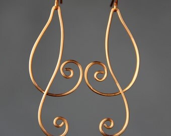 Copper Double Scroll Rococo linear long dangling earring handmade US freeshipping Anni Designs