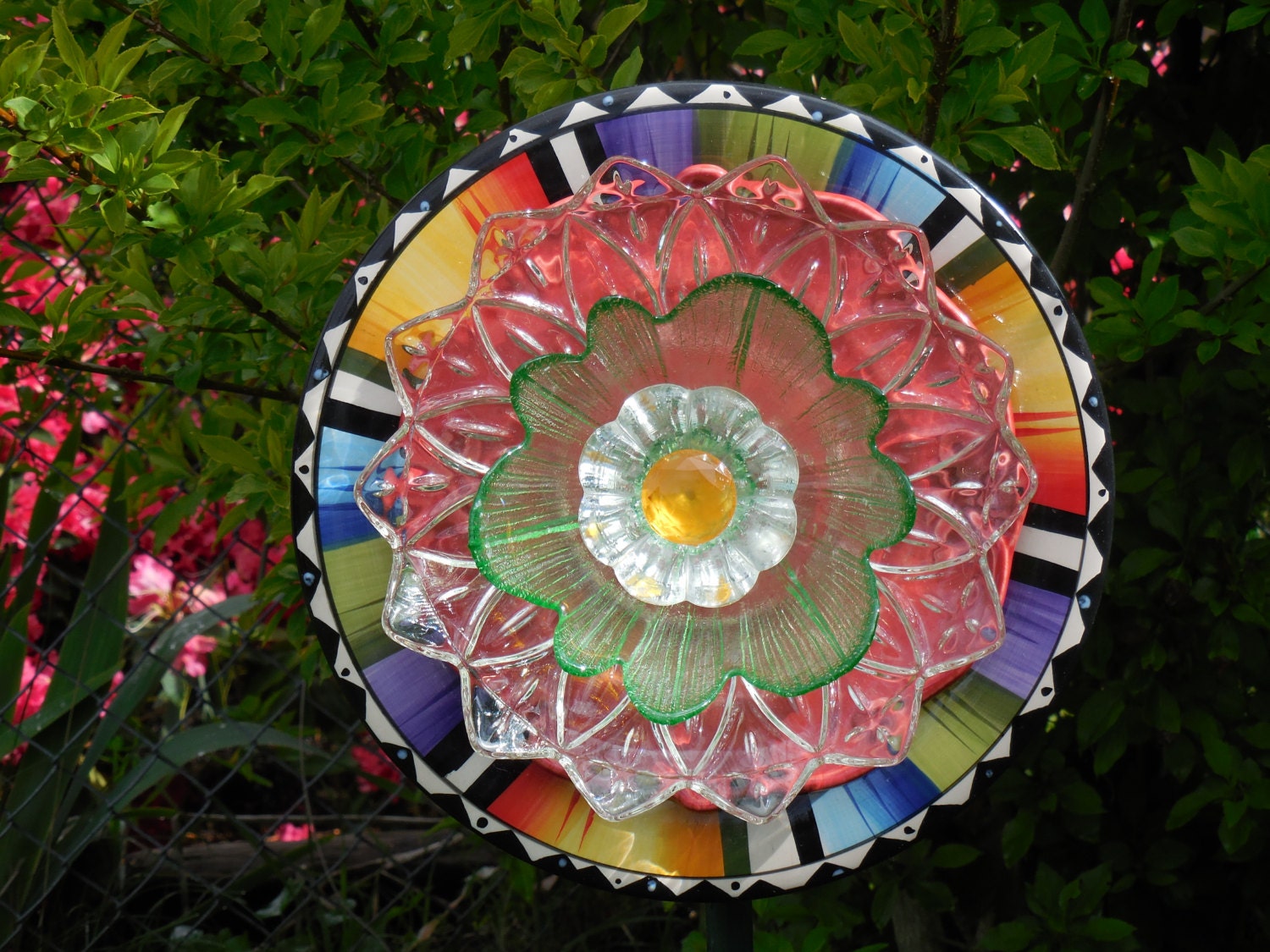 Garden Art Glass Plate Flower Re Purposed and Vintage Outdoor