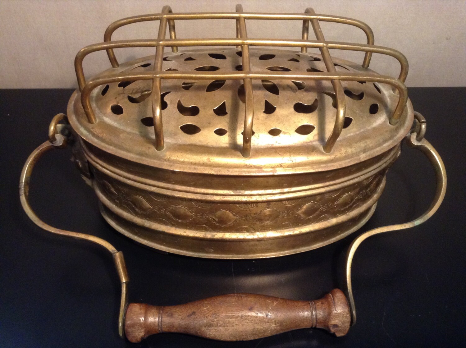 Antique etched and pierced brass foot warmer buggy warmer