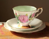 Items similar to floral mug Pink rose teacup saucer and side plate set ...