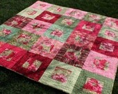 Colorful Picnic Quilt, Handmade Red Coral and Green Large Patchwork Quilt