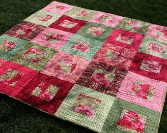 Colorful Picnic Quilt, Handmade Red Coral and Green Large Patchwork Quilt
