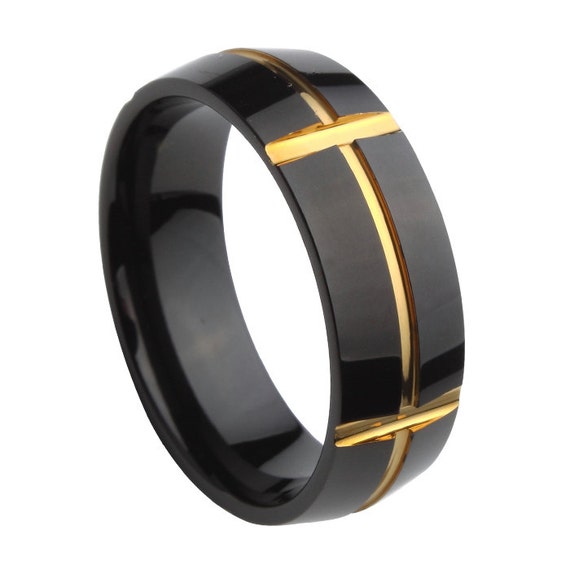 Black Tungsten Ring with Gold Inlay, Polished Tungsten Carbide Ring ...