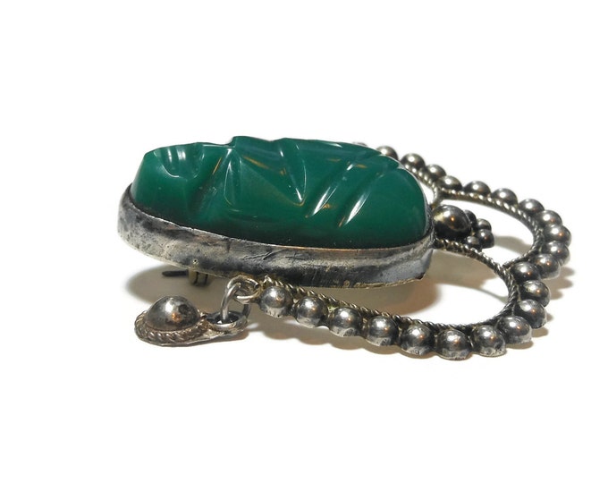 FREE SHIPPING Mexican Face Mask Brooch, Mayan Aztec Brooch, sterling silver, most likely the stone is 'Mexican' Jade or dyed onyx