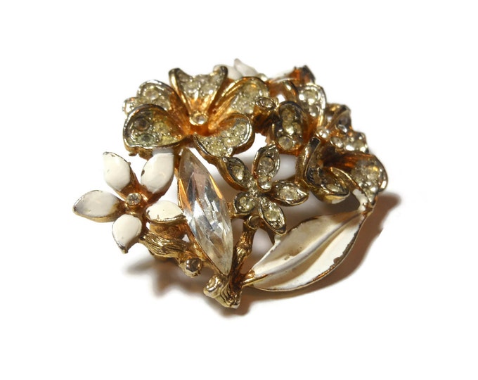 Capri floral brooch, pave rhinestones, navette rhinestones and white enamel petals in a coppery gold tone setting, great wedding piece