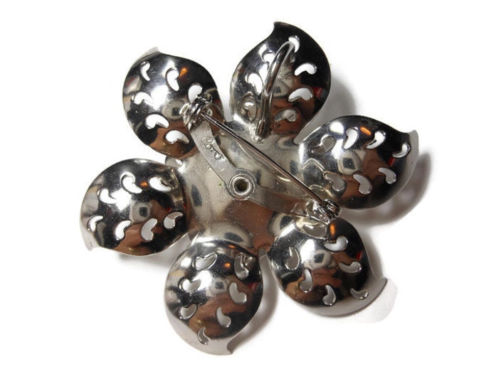 FREE SHIPPING 1940s Coro brooch and pendant, silver flower with cut out leaves in satin and brushed silver with silvered pearl center.