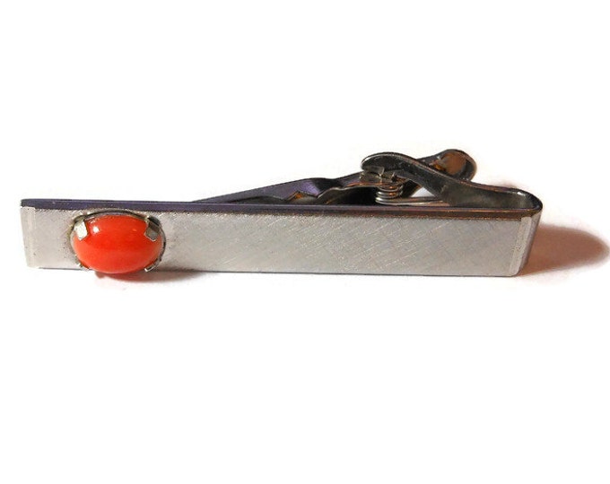FREE SHIPPING Swank tie clip bar clasp tack or money clip, brushed silver cross hatch pattern, orange prong set cabochon