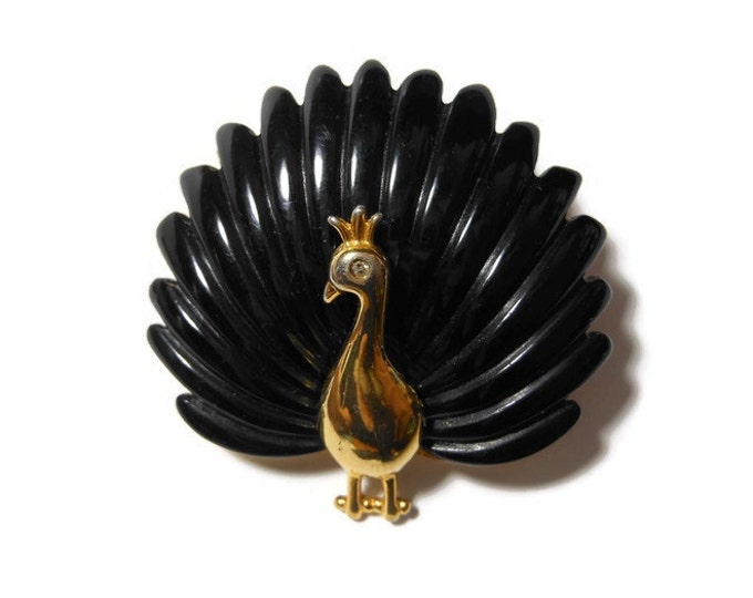 FREE SHIPPING Peacock interchangeable brooch, two looks in one, two colors can grace the back of the gold tone peacock, turquoise or black