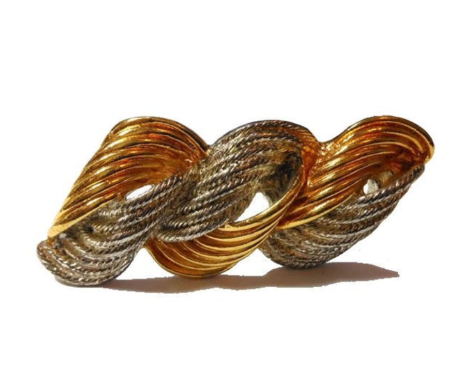 FREE SHIPPING Liz Claiborne brooch, signed gold and silver plated bar pin, ribbons of color in smooth and rope texture form a swirl pattern