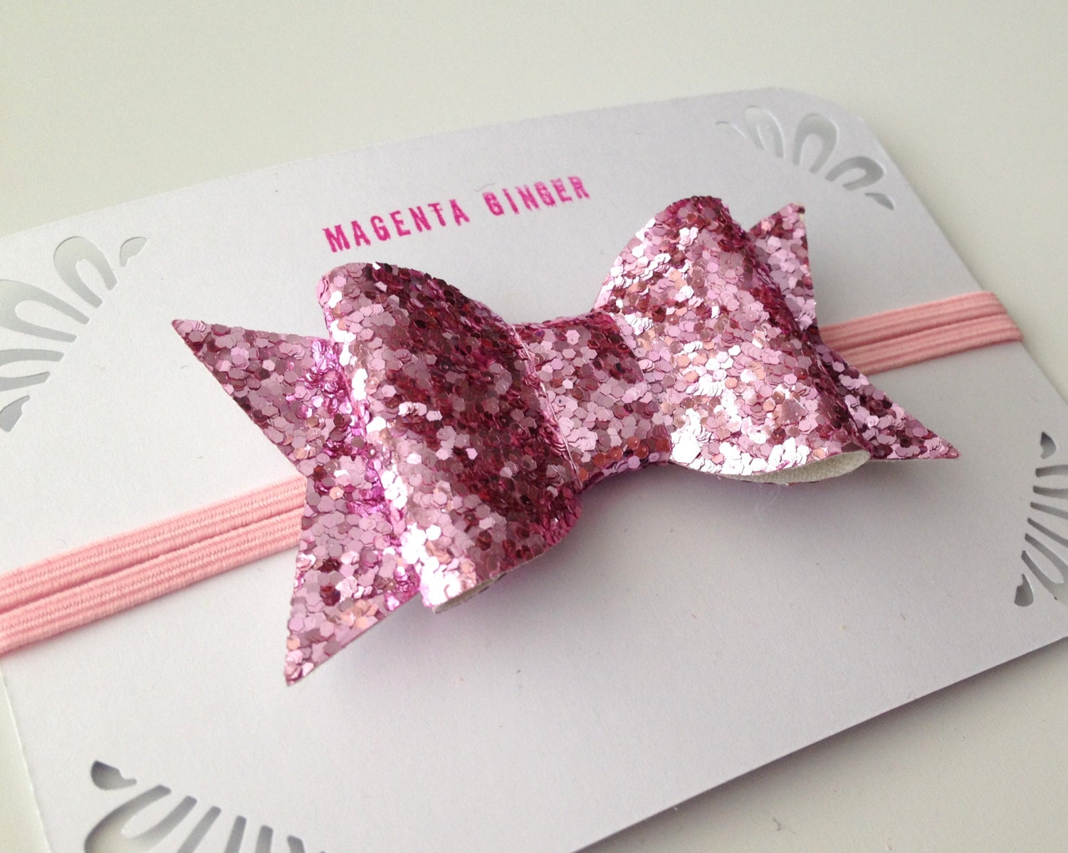 BABY PINK Glitter Bow Headband on skinny elastic. Photo Prop