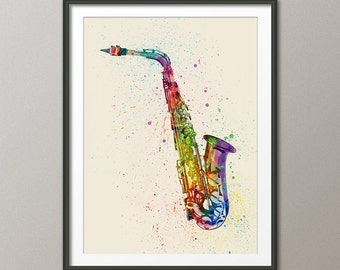 Saxophone, Abstract Watercolor Music Instrument Art Print (1997)