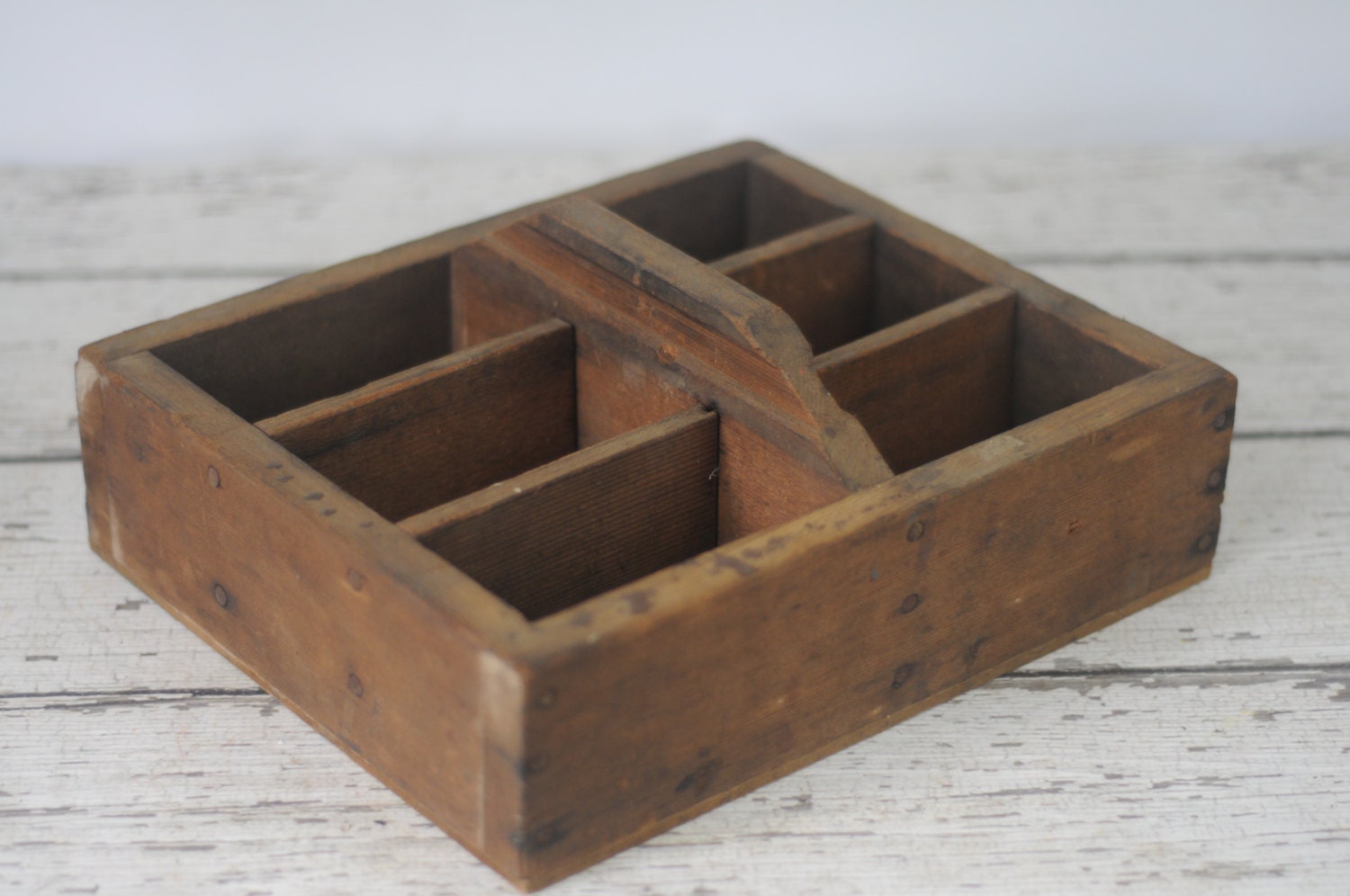 Vintage Wood Divided Tote Box Crate Wood Box Cubbies Wood Box With