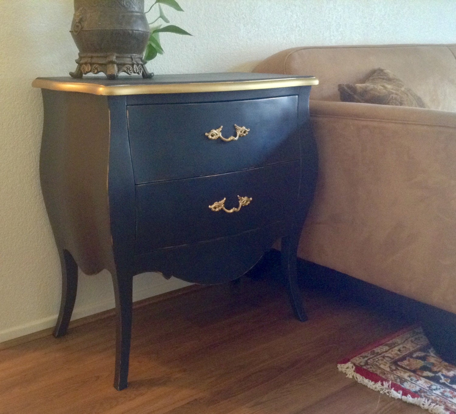 Black and Gold Trim French Bombe End Table Nightstand Accent