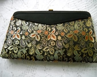 Vintage Purse with removable Cover, Tapestry and Black Satin, Convertible Purse, 2 Handbags in 1, Retro Evening Bag, Black Clutch