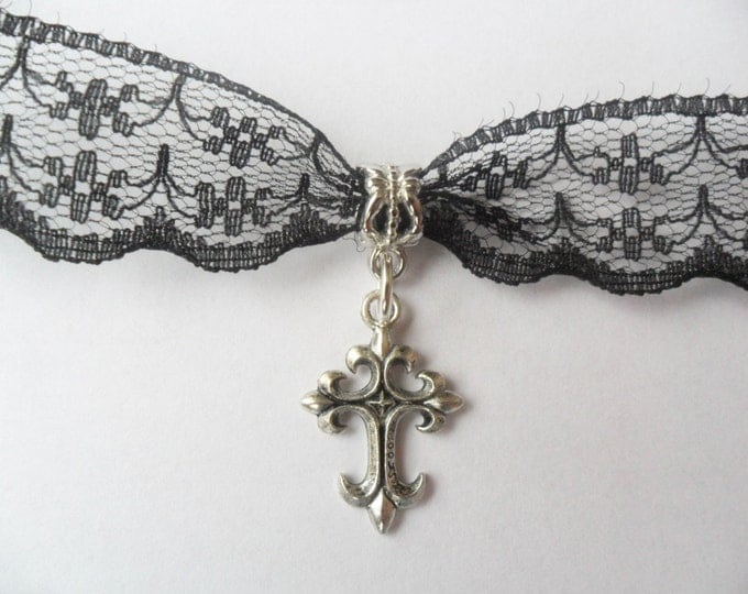 Black lace choker necklace with silver tone cross pendant, Ribbon Choker Necklace