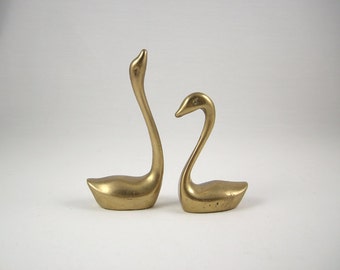 Vintage Brass Swan Pair, Bird Figurines, Mid Century