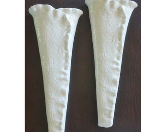 White Textured Ceramic Wall Vases - Pair