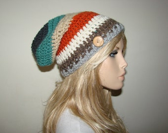 orange brown slouchy beanie, multicolor crochet slouchy hat with wooden button Slouchy School Girl Man Woman Fashion Oversized Hat Cap