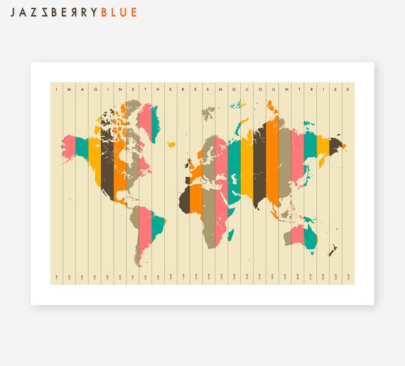 Items similar to WORLD MAP, Time Zones, Giclee Fine Art Print, Wall Art