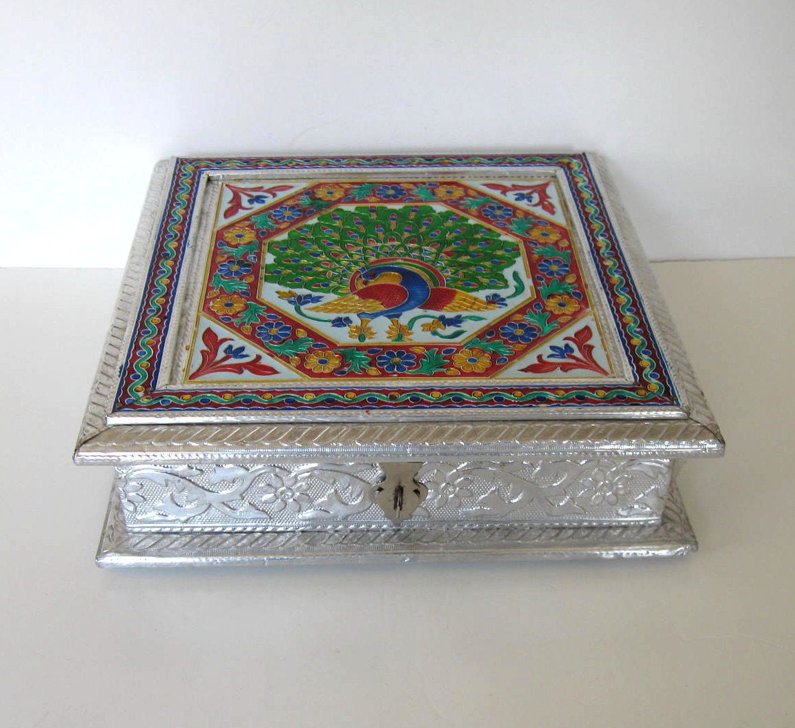 Vintage square tin Trinket Box, Peacock mosaic, Jewelry storage, gift