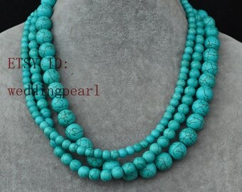 turquoise necklace,triple strand turquoise bead necklace, wedding necklace,statement necklace,6mm,8mm,12mm turquoise necklaces,bridesmaid