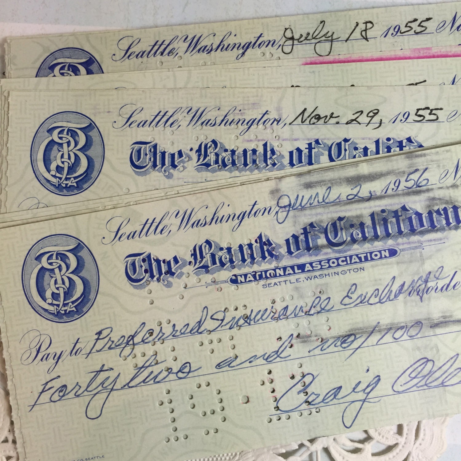 5 Bank Checks 1950's / Vintage Checks the Bank of by TheBrownPear