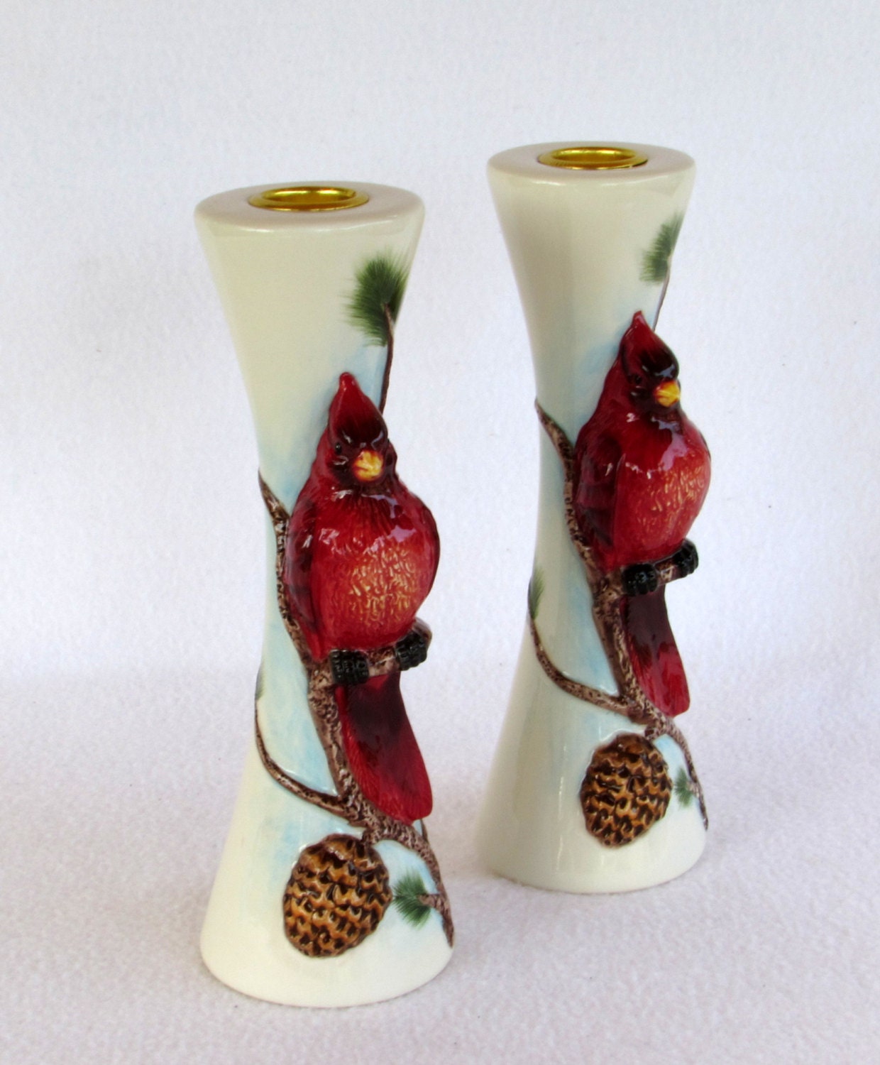 Cardinal Candle Holders Red Birds on an Evergreen Tree