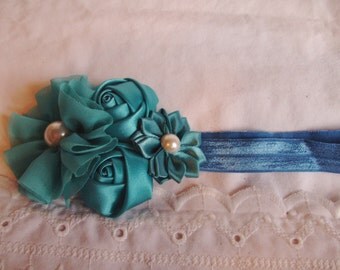 Infant to Toddler Headband - Deep Blue Headband - Flower Headband - Rose Headband - Chiffon and Satin Flower Headband - Boutique Headband