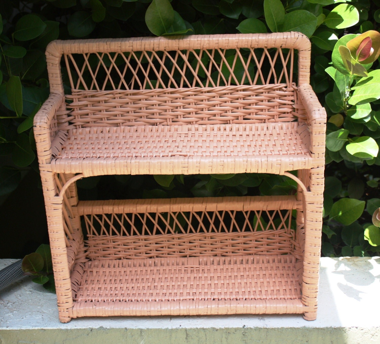 Vintage Coral Wicker Hanging Wall Shelf Beach by DebiLynneVintage